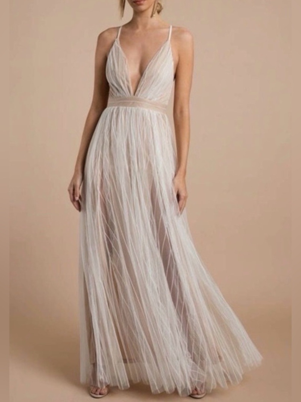 Luxxel Plunging V-Neck Women’s Maxi Dress Sheer Overlay White & Nude Formal Sz S